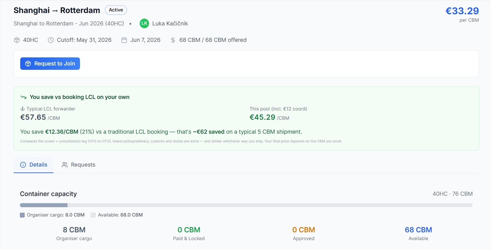 ShipTogether live pool detail &mdash; Shanghai to Rotterdam at &euro;33.29/CBM, showing a 21% saving versus a traditional LCL booking on a CFS-to-CFS basis